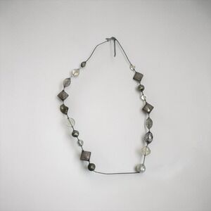 NY Beaded Station Necklace 36" Adjustable Grey Silver Long Mixed Shape Art